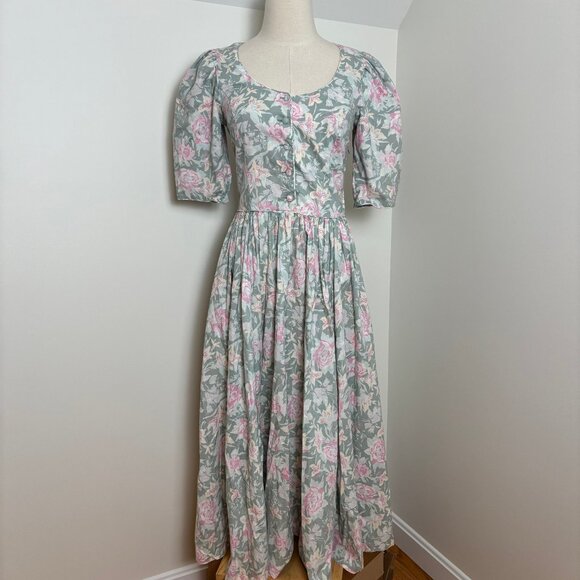 Vintage sage and pink floral Laura Ashley ss dress with piped bodice, US 10 - Picture 1 of 15